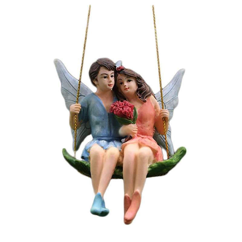Romantic Couple Figurines Swing Flower Fairy Garden Mini Landscape Pendant Resin Craft Scene Decorat