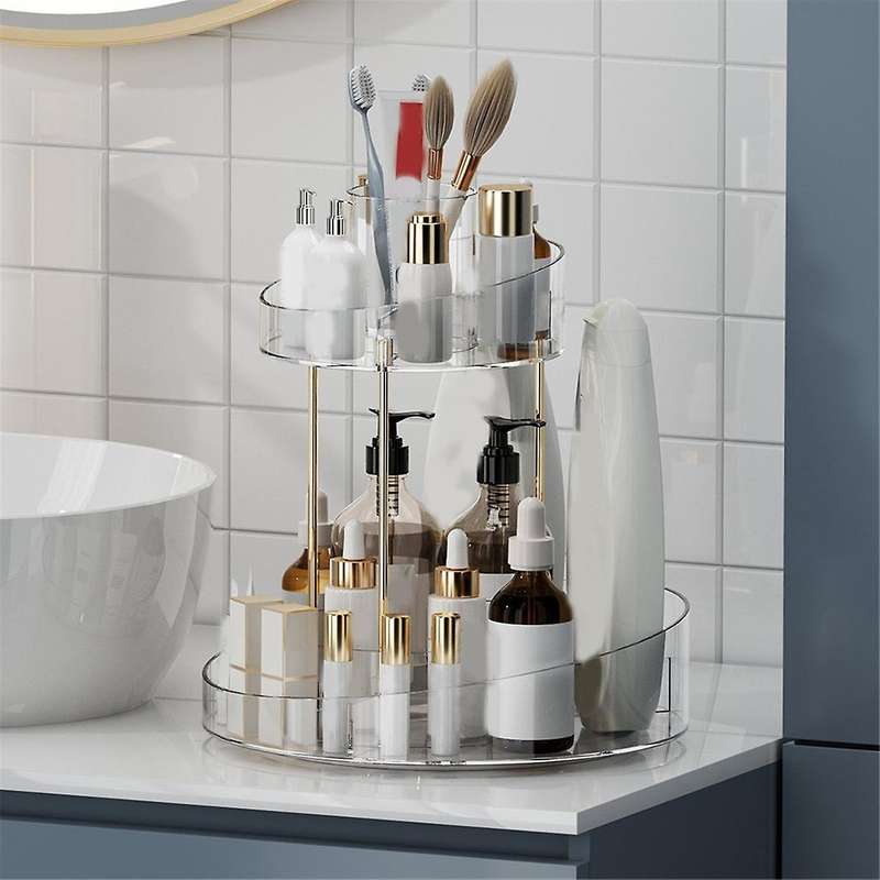 Rotating Makeup Organizer for Vanity Storage 2 Tier Bathroom Counter Cosmetic Skincare Perfume Count