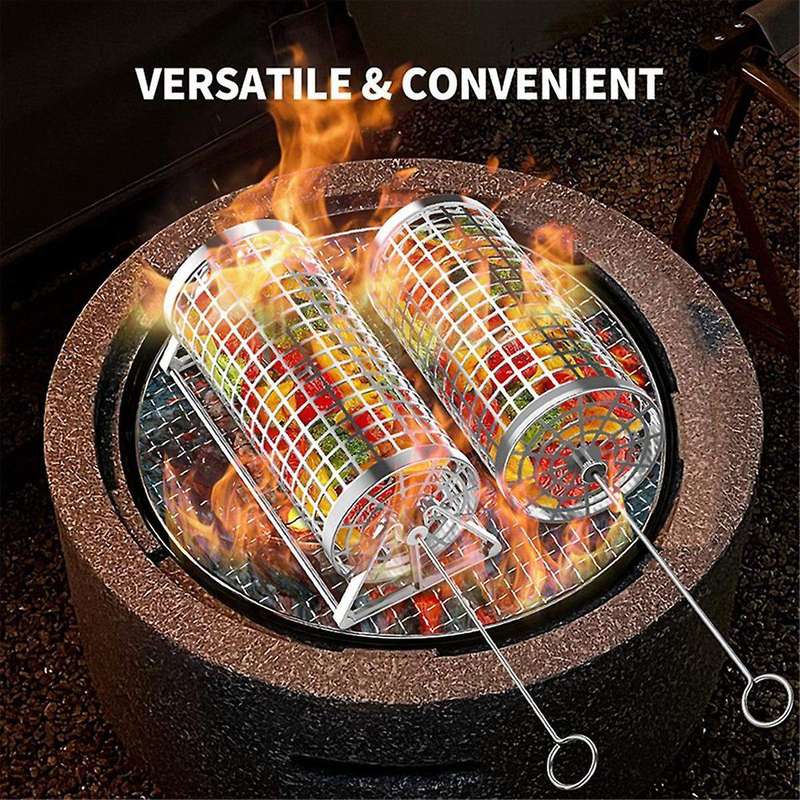 Rotisserie Basket Stainless Steel Grilled Cage Barbecue Rolling Grill Basket Non-stick Outdoor Campi