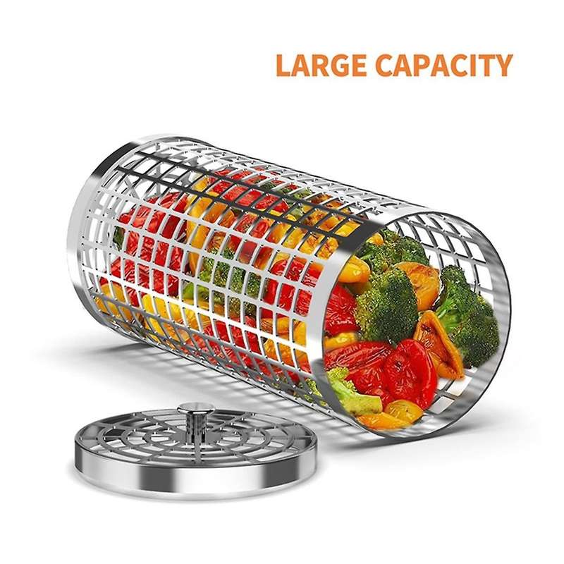 Rotisserie Basket Stainless Steel Grilled Cage Barbecue Rolling Grill Basket Non-stick Outdoor Campi