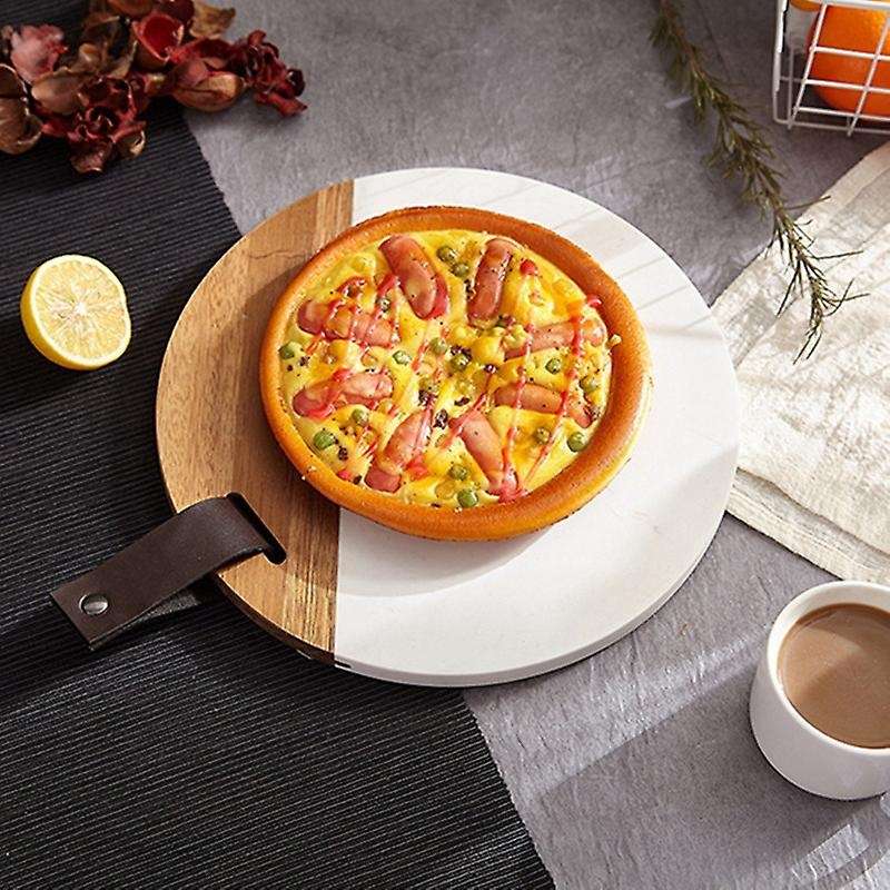 Round Marble Cheese Plate 10 Inch Spliced Natural Solid Wood Service Tray Modern Style Item Display