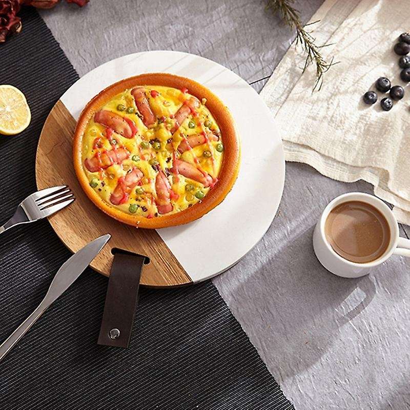 Round Marble Cheese Plate 10 Inch Spliced Natural Solid Wood Service Tray Modern Style Item Display