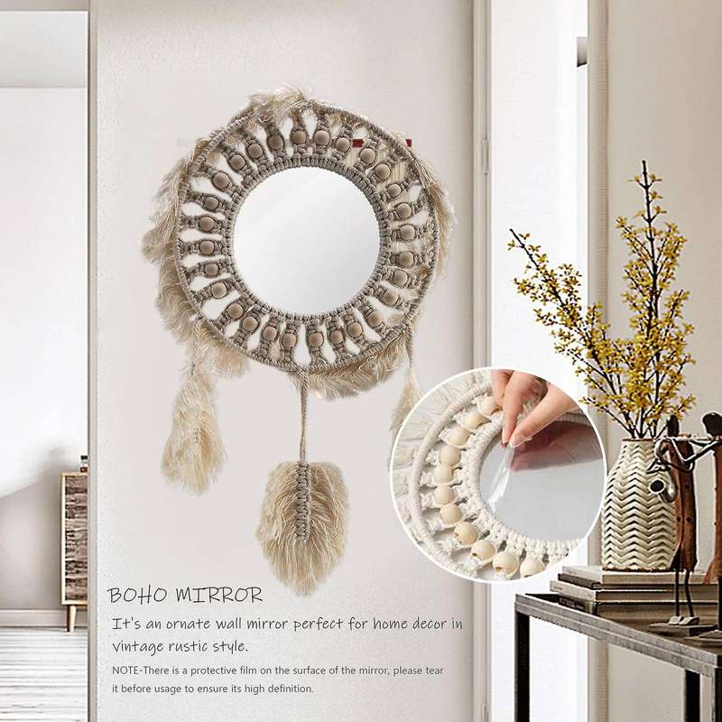 Round Mirror Macrame Mirror Wall Decor for Apartment Living Room Bedroom Baby Nursery Dorm