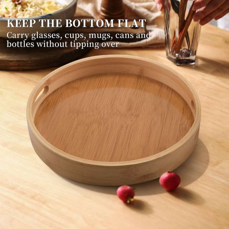 Round Serving Bamboo Wooden Tray Handle Storage Tray #1
