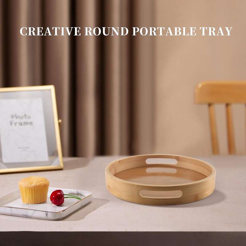 Round Serving Bamboo Wooden Tray Handle Storage Tray #1