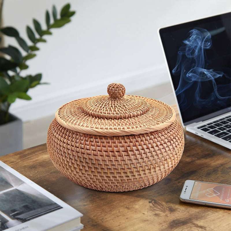 Round Rattan Box,Wicker Fruit Basket with Lid Basket Compatible Bread,Snack