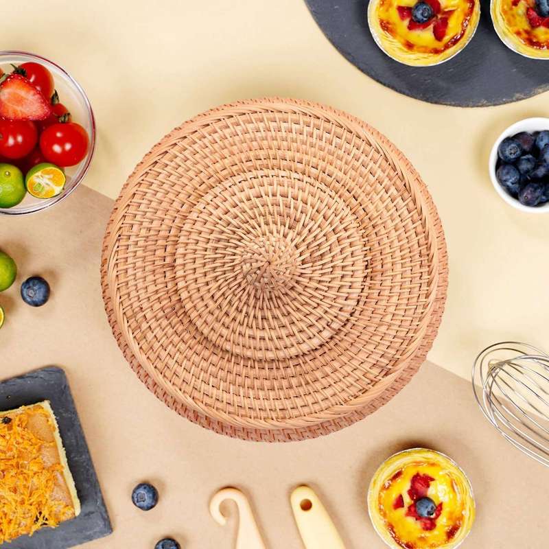 Round Rattan Box,Wicker Fruit Basket with Lid Basket Compatible Bread,Snack