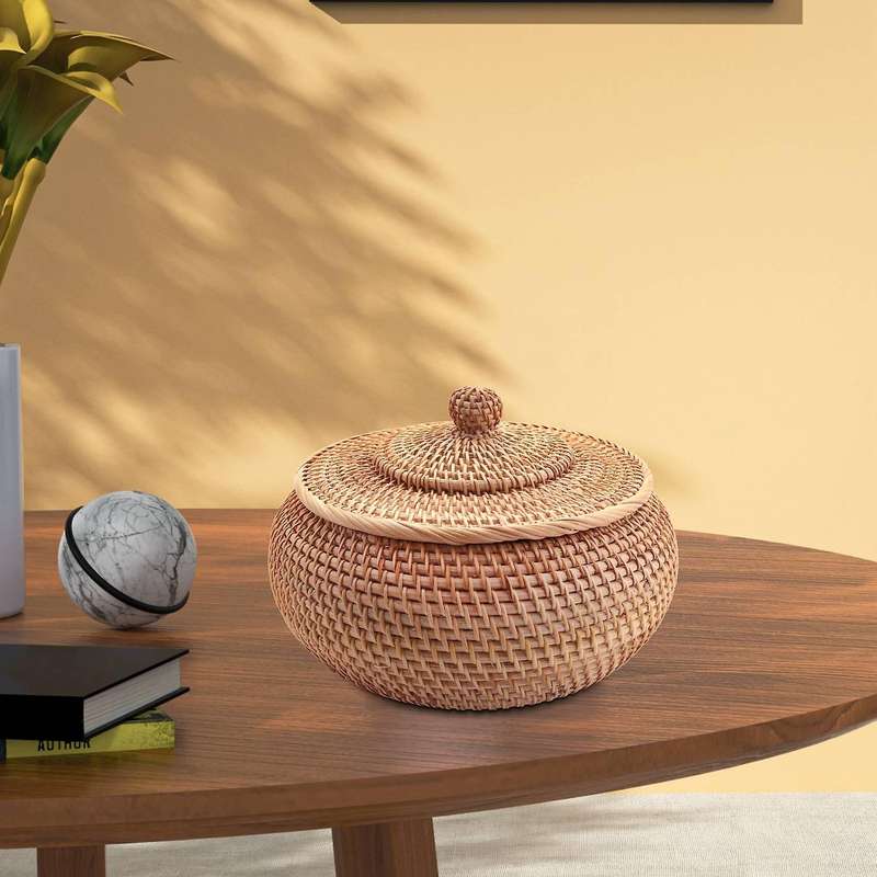 Round Rattan Box,Wicker Fruit Basket with Lid Basket Compatible Bread,Snack