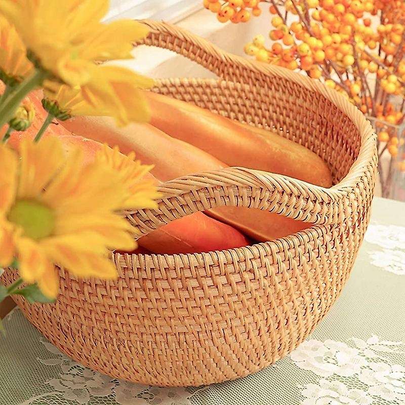 Round Rattan Bowl with Straps - Wicker Basket for Organizing, Storage. Picnic Basket (11.8 inch)