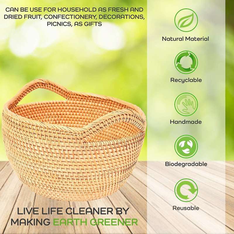 Round Rattan Bowl with Straps - Wicker Basket for Organizing, Storage. Picnic Basket (11.8 inch)