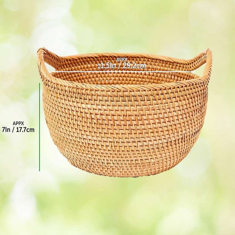 Round Rattan Bowl with Straps - Wicker Basket for Organizing, Storage. Picnic Basket (11.8 inch)