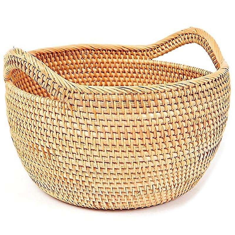 Round Rattan Bowl with Straps - Wicker Basket for Organizing, Storage. Picnic Basket (11.8 inch)