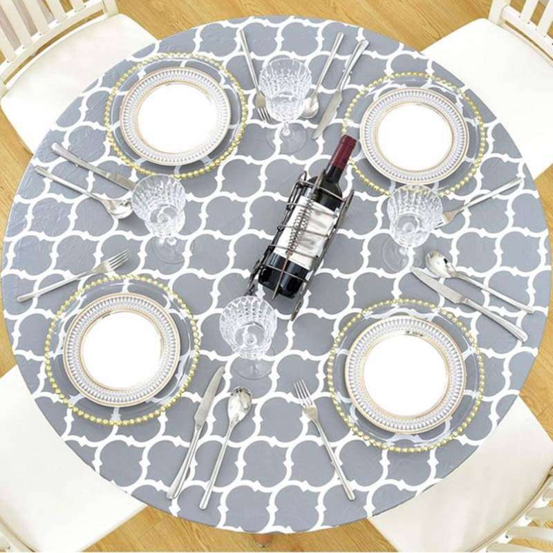 Round Tablecloth with Elastic Edge Waterproof Oil Proof PVC Table Cloth Wipe Clean Table Cover for