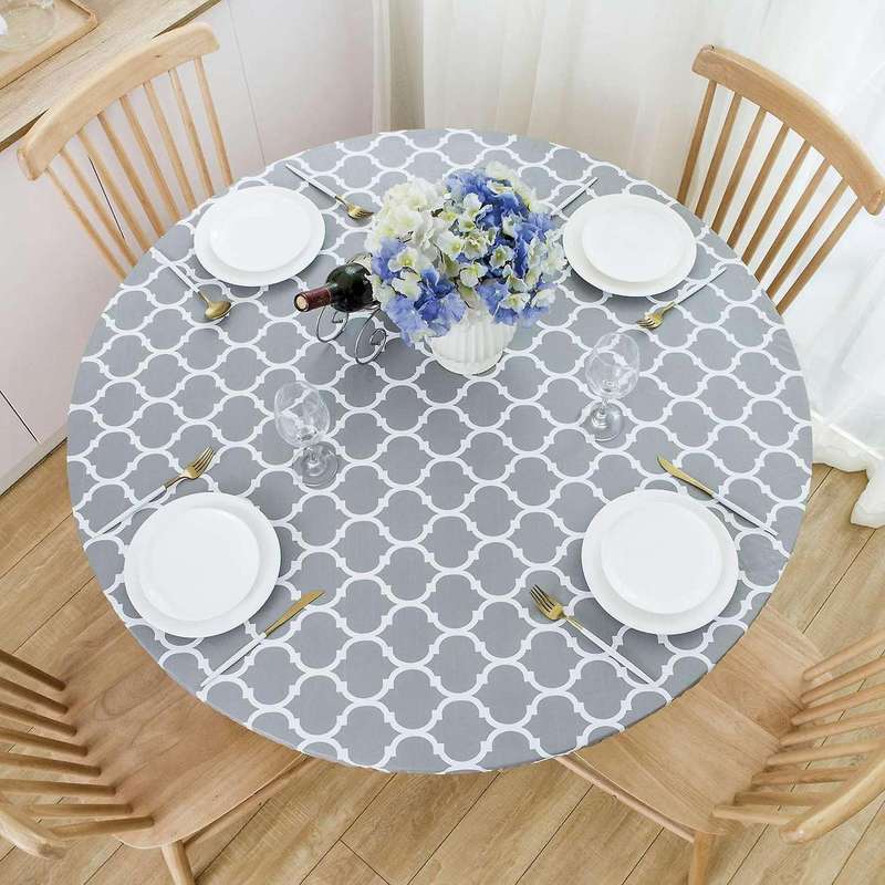 Round Tablecloth with Elastic Edge Waterproof Oil Proof PVC Table Cloth Wipe Clean Table Cover for