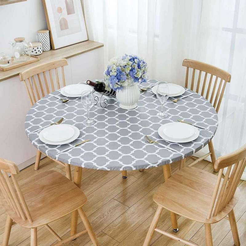 Round Tablecloth with Elastic Edge Waterproof Oil Proof PVC Table Cloth Wipe Clean Table Cover for