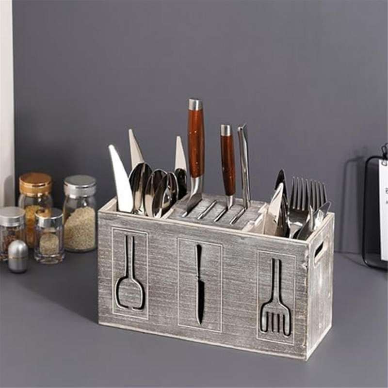 Rustic Wooden Flatware Organizer, 3 Section Kitchen Utensil Holder, Farmhouse Kitchen Cutlery Bin Co
