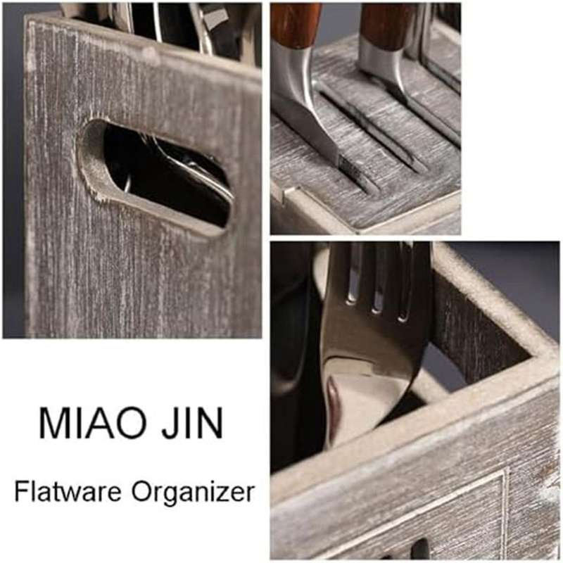 Rustic Wooden Flatware Organizer, 3 Section Kitchen Utensil Holder, Farmhouse Kitchen Cutlery Bin Co