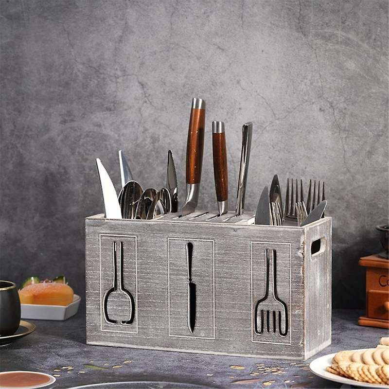 Rustic Wooden Flatware Organizer, 3 Section Kitchen Utensil Holder, Farmhouse Kitchen Cutlery Bin Co