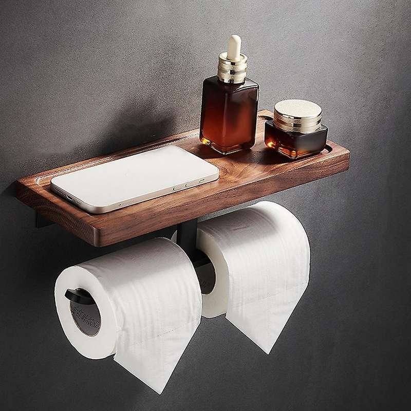 Rustic Toilet Paper Holder with Shelf, Wall Mounted Wood Toilet Paper Holder for Bathroom