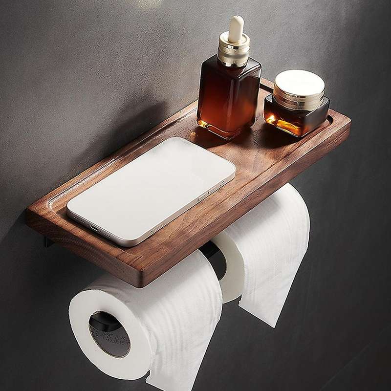 Rustic Toilet Paper Holder with Shelf, Wall Mounted Wood Toilet Paper Holder for Bathroom