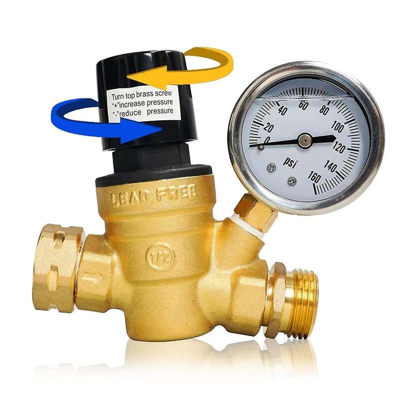 RV Water Pressure Regulator, Adjustable Handle Brass Water Pressure Regulator with Gauge and Inlet S