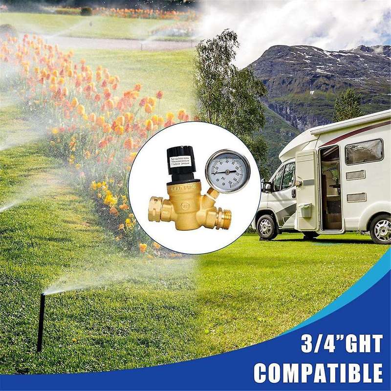 RV Water Pressure Regulator, Adjustable Handle Brass Water Pressure Regulator with Gauge and Inlet S