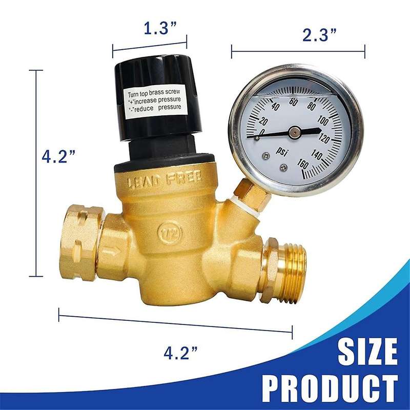 RV Water Pressure Regulator, Adjustable Handle Brass Water Pressure Regulator with Gauge and Inlet S