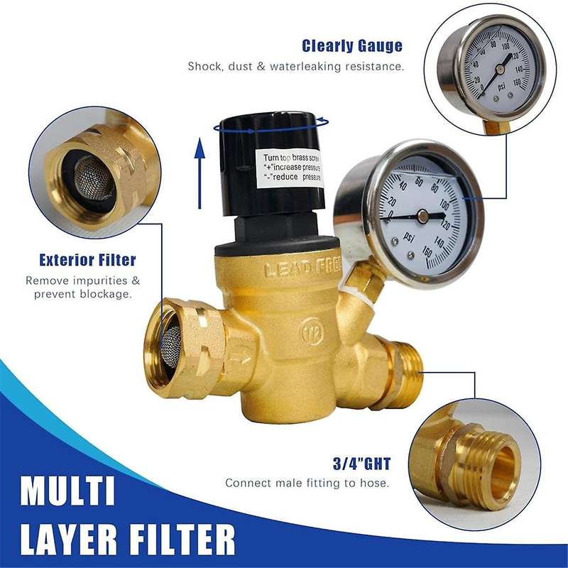 RV Water Pressure Regulator, Adjustable Handle Brass Water Pressure Regulator with Gauge and Inlet S