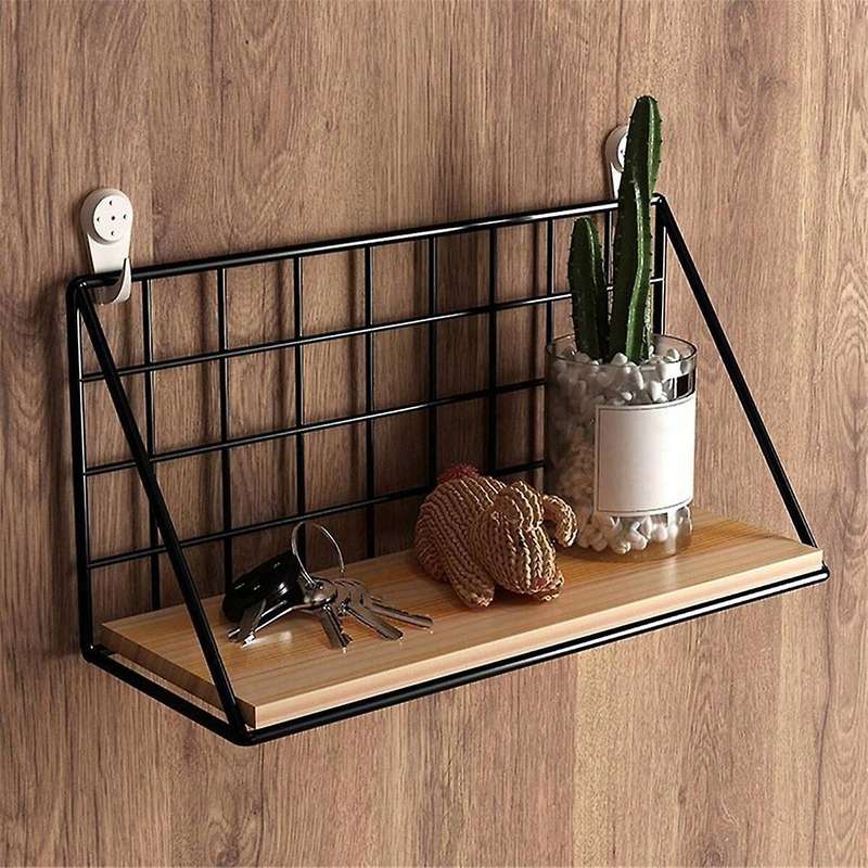 S Floating Shelves Wall Mounted Rustic Wood Storage Display Shelf with Metal Wire Basket Hanging She