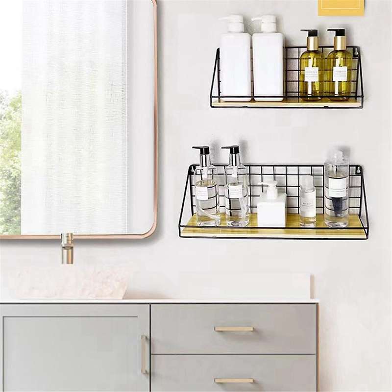 S Floating Shelves Wall Mounted Rustic Wood Storage Display Shelf with Metal Wire Basket Hanging She
