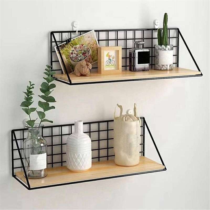 S Floating Shelves Wall Mounted Rustic Wood Storage Display Shelf with Metal Wire Basket Hanging She