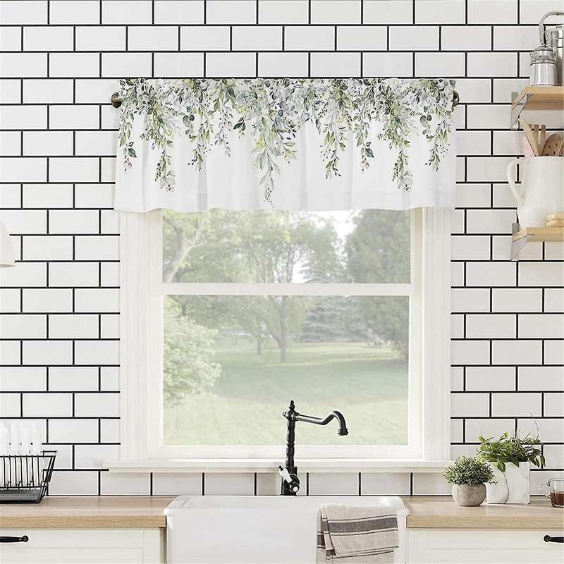 Sage Green Curtain Valance for Windows Watercolor Eucalyptus Leaf Rod Pocket Valance Window Treatmen