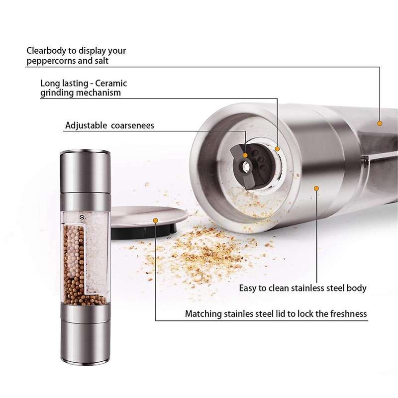 Salt and Pepper Grinder - 2 In 1 Manual Stainless Steel Salt Pepper Mill Herb Spice Grinder Shakers