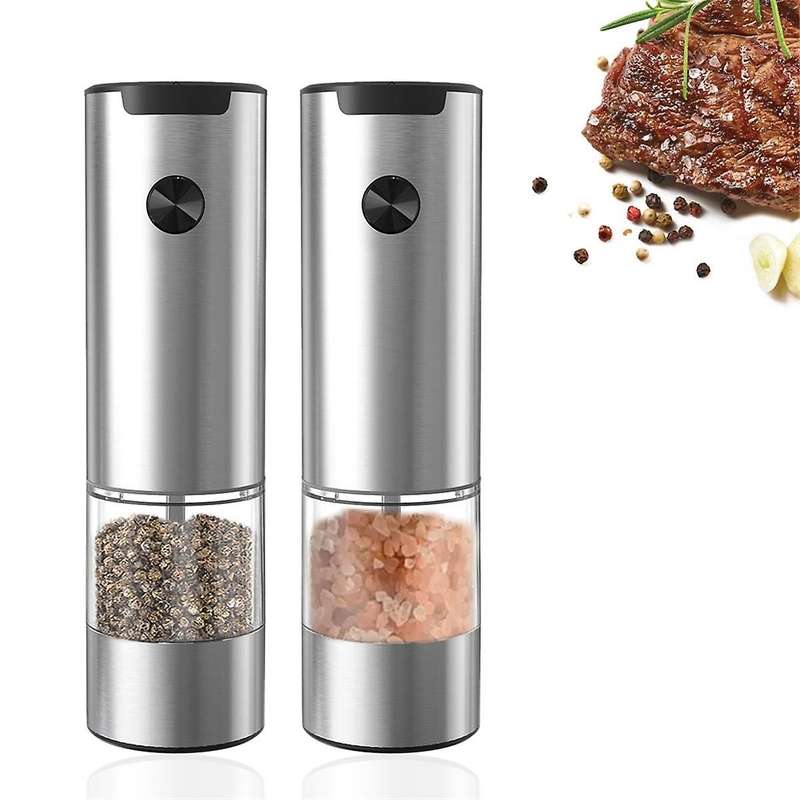 Salt and Pepper Mills Electric Set Of 2 Battery Operated White Led Light and Adjustable Coarseness