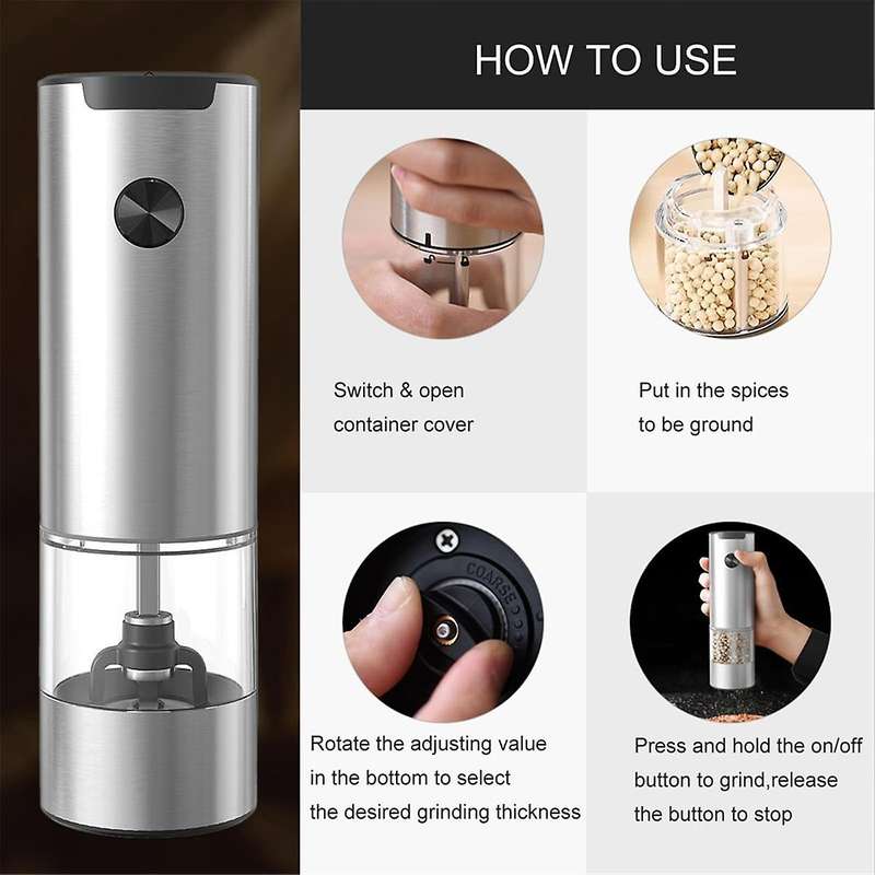 Salt and Pepper Mills Electric Set Of 2 Battery Operated White Led Light and Adjustable Coarseness