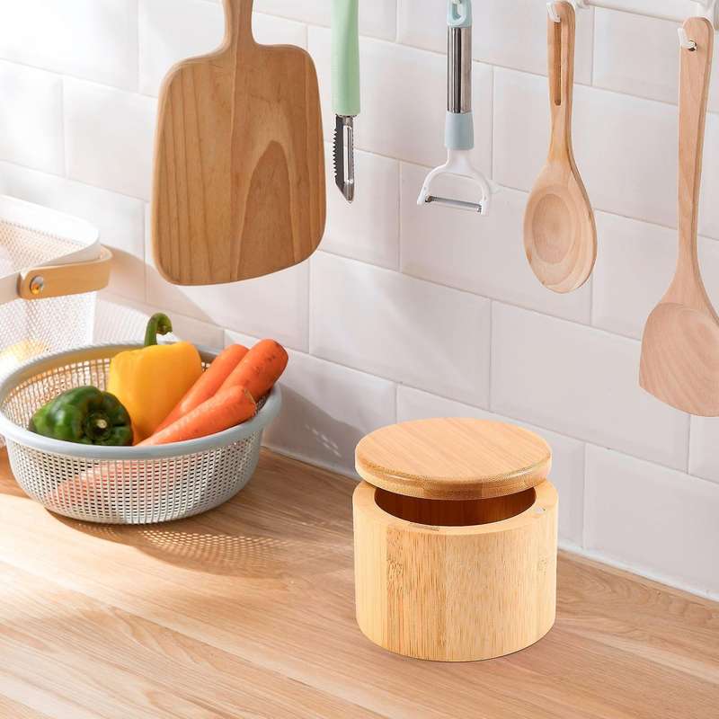 Salt Box, Bamboo Storage Box with Magnetic Swivel Lid, "salt" Engraved On Lid Engraved - "salt"