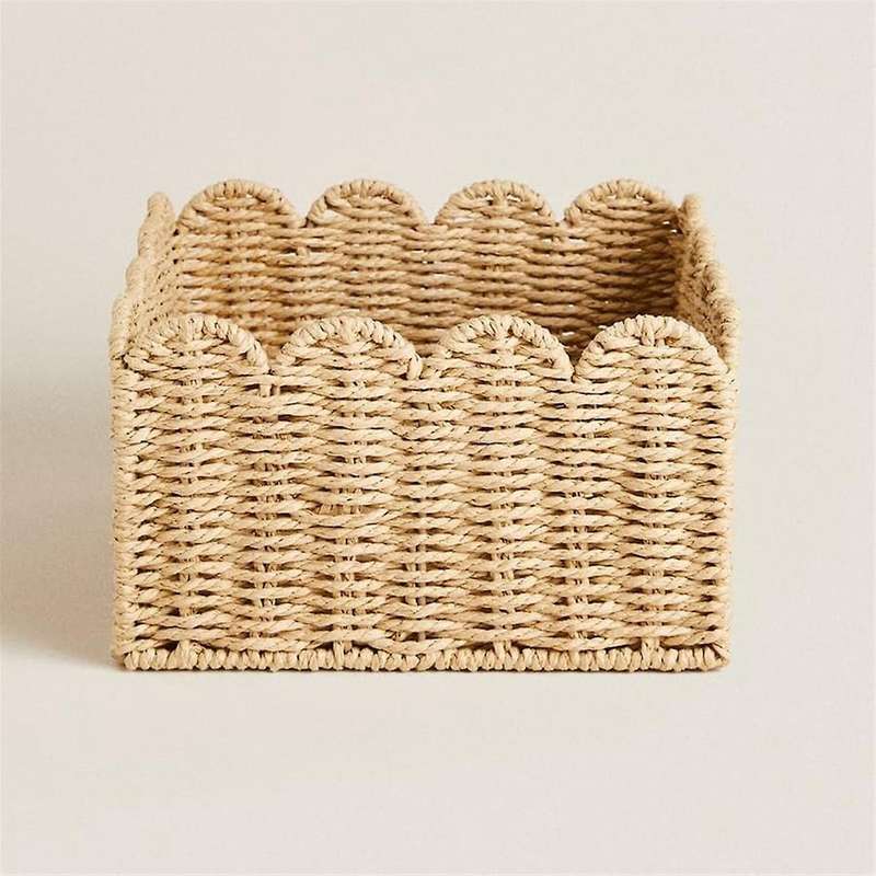 Scalloped Edge Basket, Wicker Storage Baskets, Handwoven Organizing Baskets for Shelves, Paper Rope
