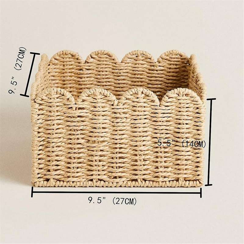 Scalloped Edge Basket, Wicker Storage Baskets, Handwoven Organizing Baskets for Shelves, Paper Rope