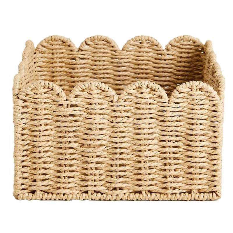 Scalloped Edge Basket, Wicker Storage Baskets, Handwoven Organizing Baskets for Shelves, Paper Rope