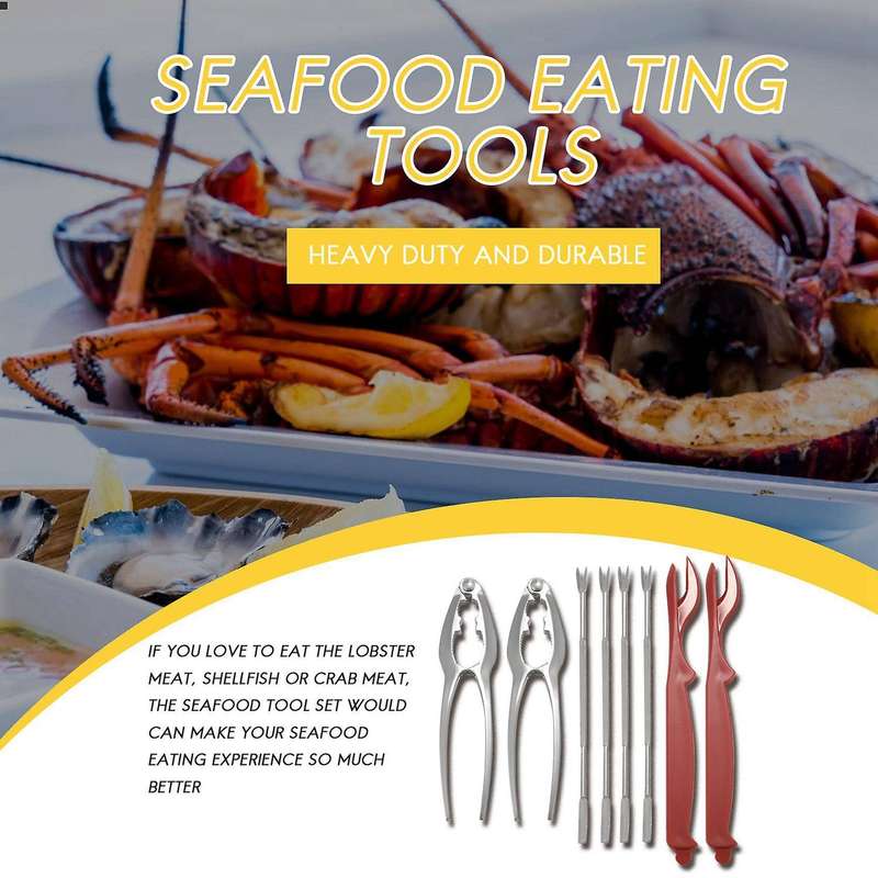 Seafood Tools Set 2 Crab 2 Plastic Pick 4 Stainless Steel Forks 8Pcs