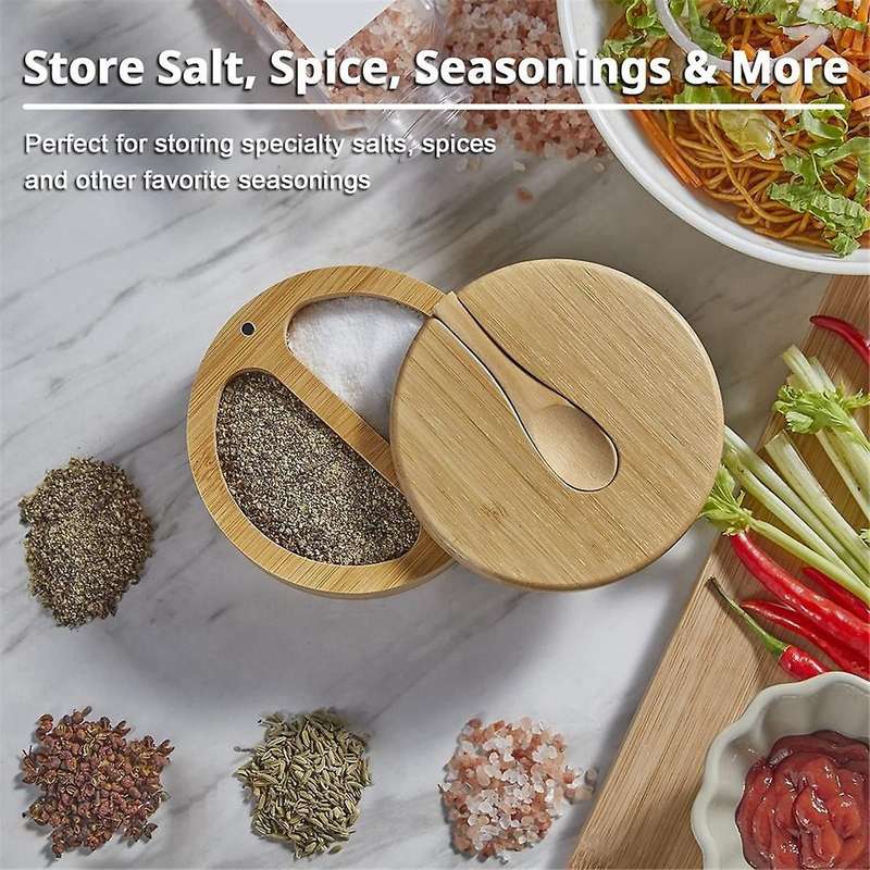 Seasoning Box with Swivel Lid Bamboo Salt Cellar with Lid and Spoon, 2-compartment Salt Pepper Bowls