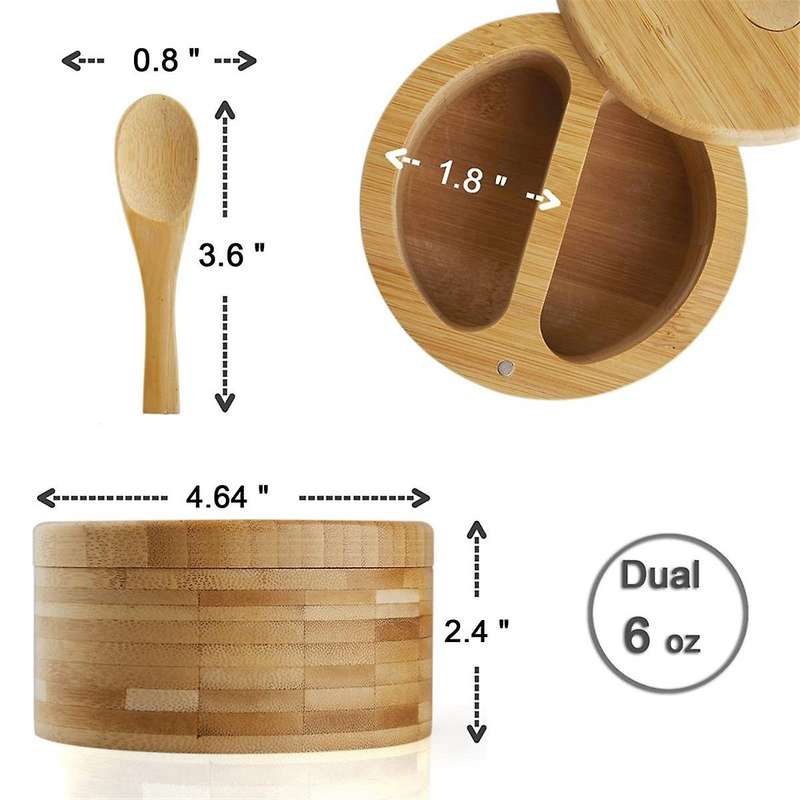 Seasoning Box with Swivel Lid Bamboo Salt Cellar with Lid and Spoon, 2-compartment Salt Pepper Bowls
