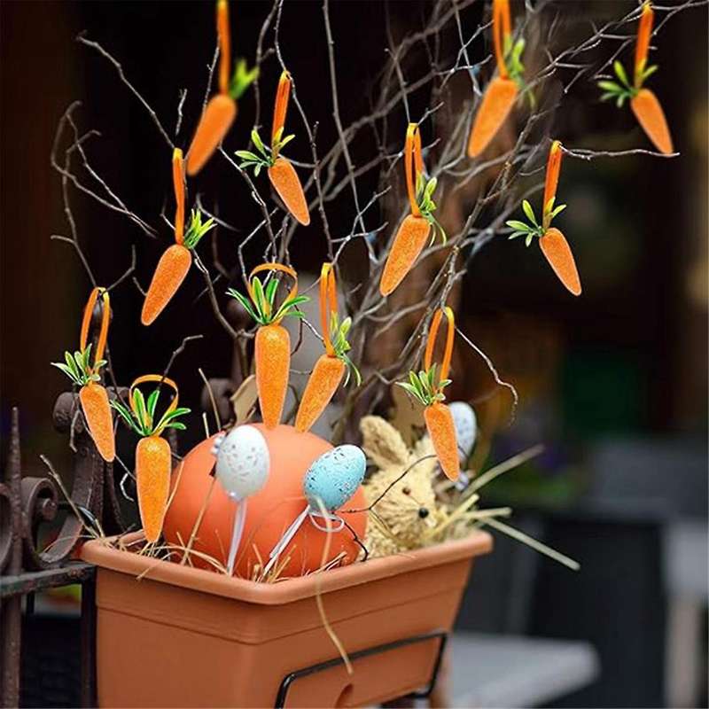 S-Easter Carrot Hanging Ornaments - 12Pcs Premium Foam Glitter Artificial Carrots for Easter Decorat