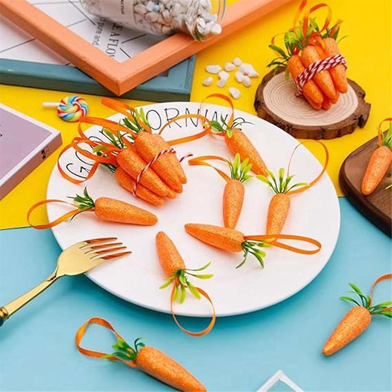 S-Easter Carrot Hanging Ornaments - 12Pcs Premium Foam Glitter Artificial Carrots for Easter Decorat
