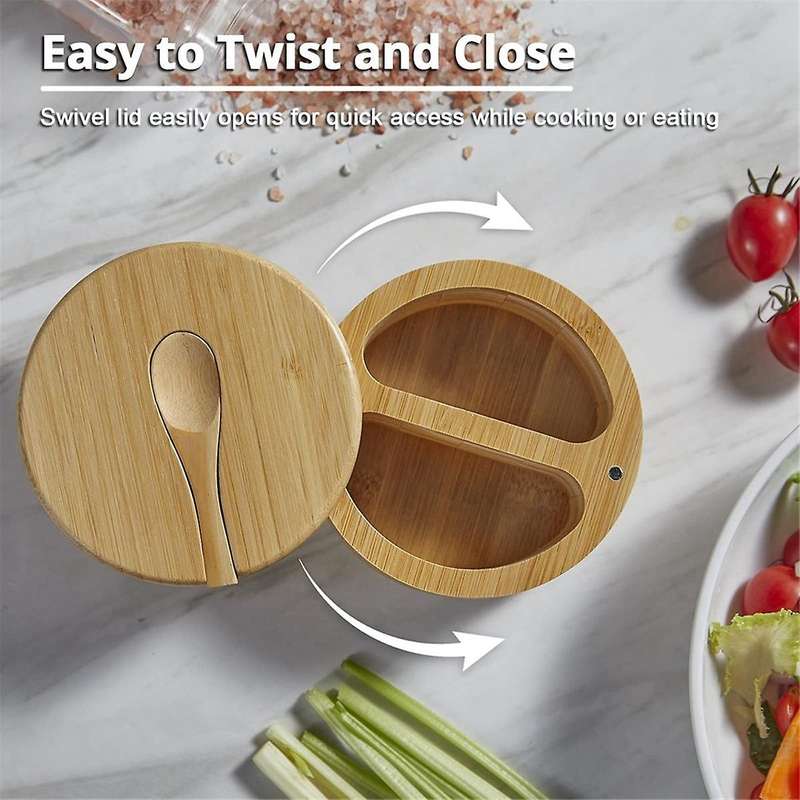 Seasoning Box with Swivel Lid Bamboo Salt Cellar with Lid and Spoon, 2-compartment Salt Pepper Bowl
