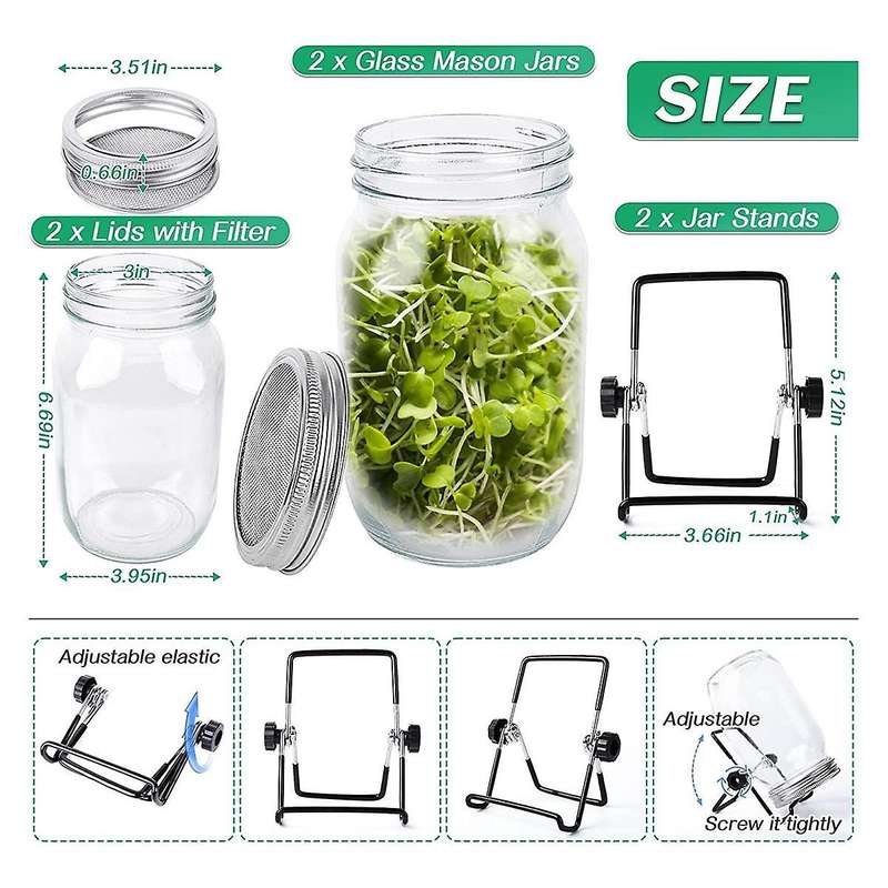 Seed Sprouting Jar Kit with 2 Wide Mouth Jars Bean Sprouts Growing Kit Growing Jar with Mesh Screen