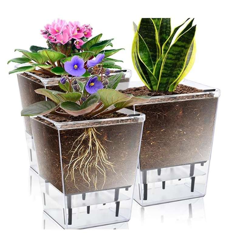 Self Watering Pots Set, 3 Pack 5 Inch Self Watering Pots for Indoor Plants, Clear Planter Pot with D