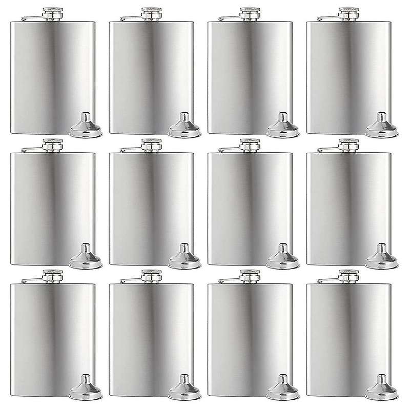 Set of 12 Hip Flask 8OZ Flask for Liquor for Men Silver Stainless Steel with 12 Pcs Funnel for Gift,