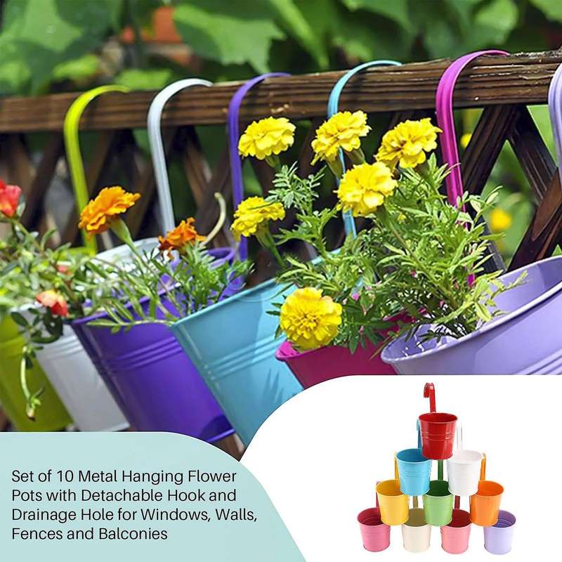 Set of 10 Metal Hanging Flower Pots with Detachable Hook and Drainage Hole for Windows, Walls, Fence