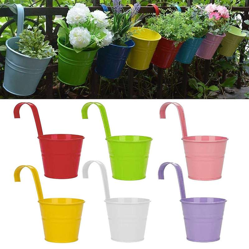 Set of 10 Metal Hanging Flower Pots with Detachable Hook and Drainage Hole for Windows, Walls, Fence
